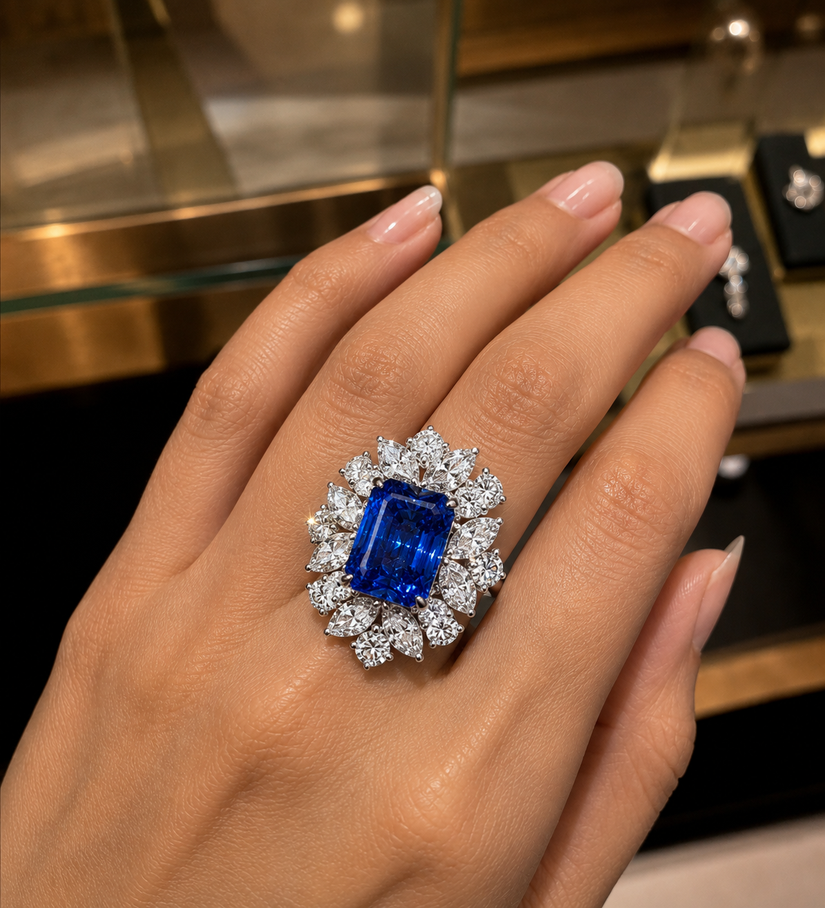 Finished sapphire cluster ring worn on hand