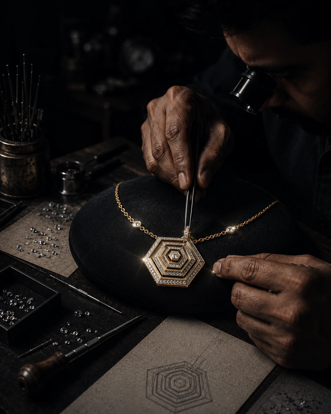 Master craftsman hand-setting a custom diamond pendant
