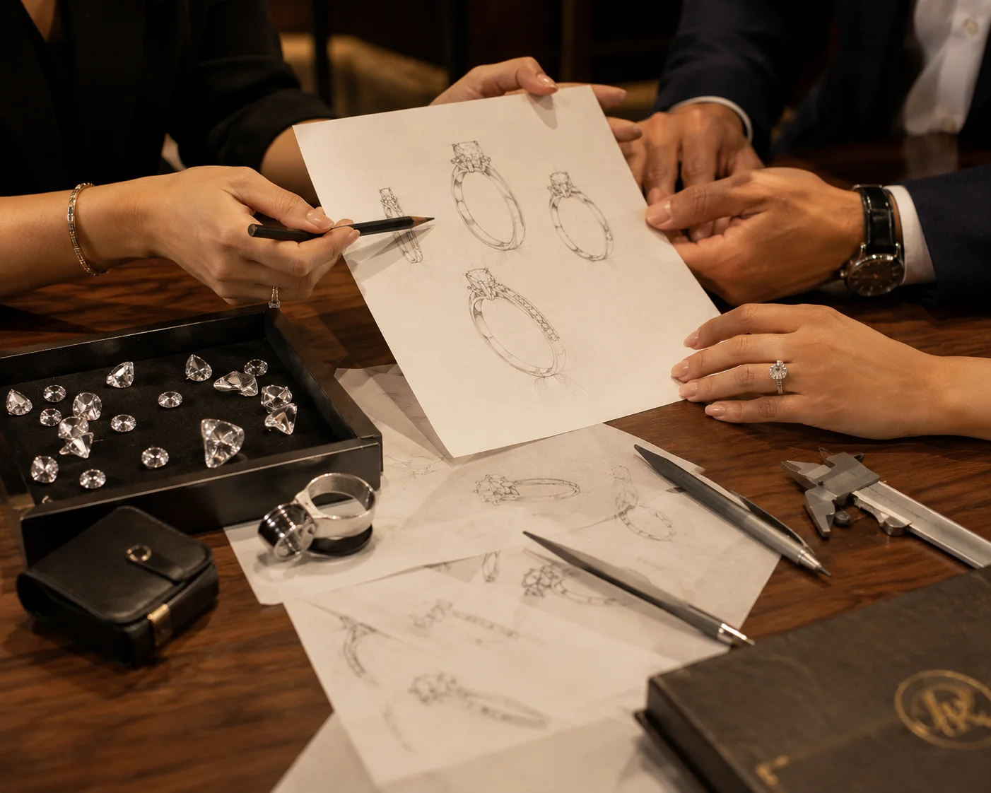 Designers reviewing ring sketches with loose diamonds