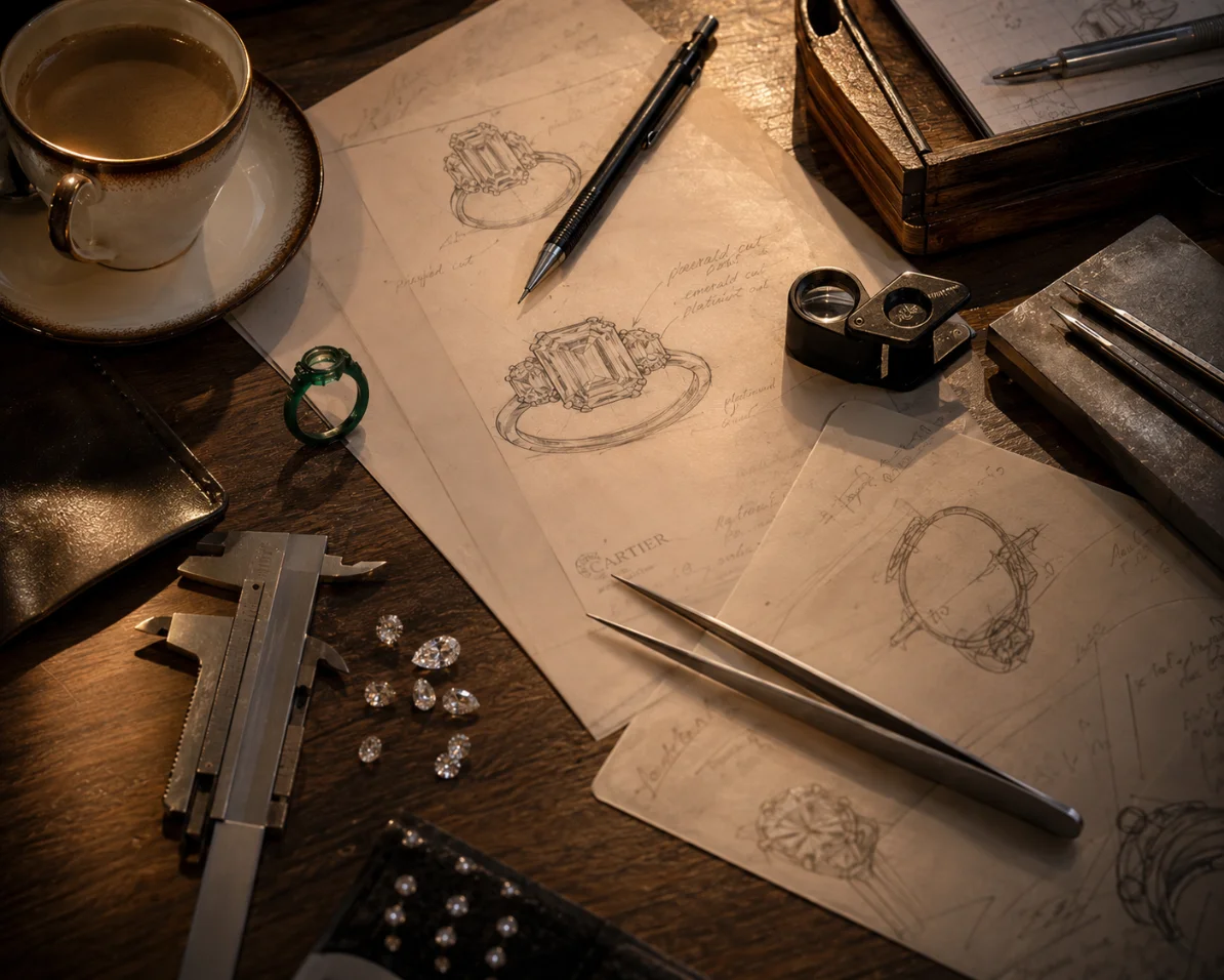 Designer's desk with sketches, loose diamonds and tools