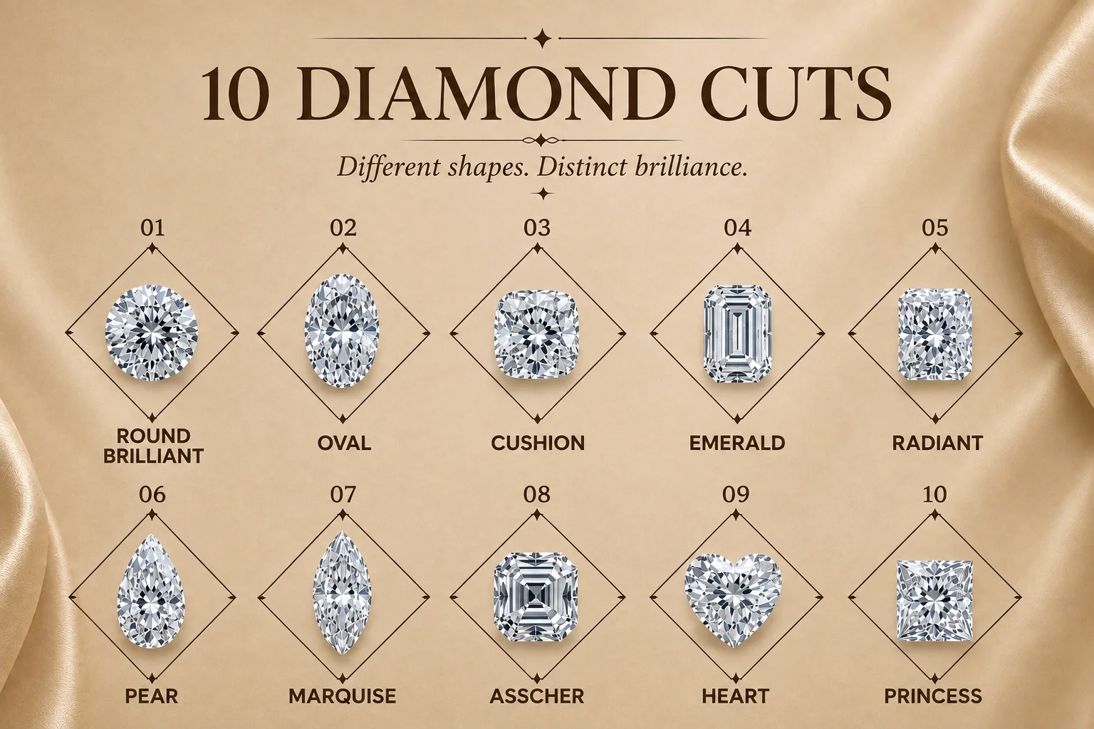 Ten diamond cuts: round brilliant, oval, cushion, emerald, radiant, pear, marquise, asscher, heart and princess