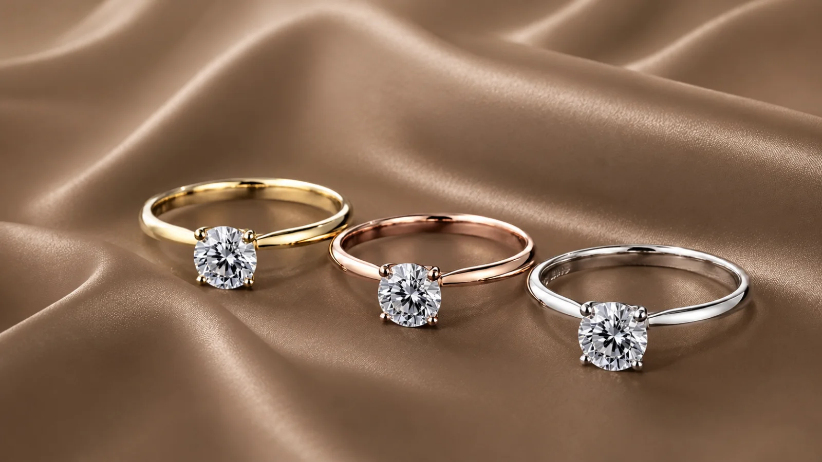 Yellow gold, rose gold and white gold solitaire bands